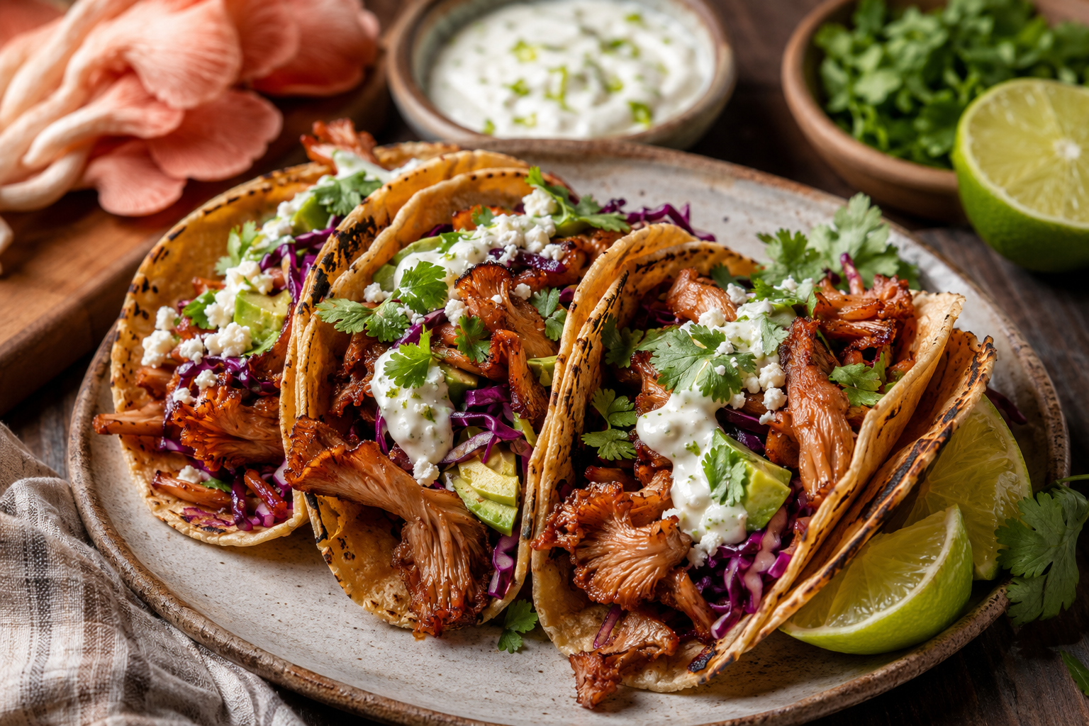 How to cook Pink Oyster Mushrooms: Crispy Pink Oyster Tacos with Lime Crema