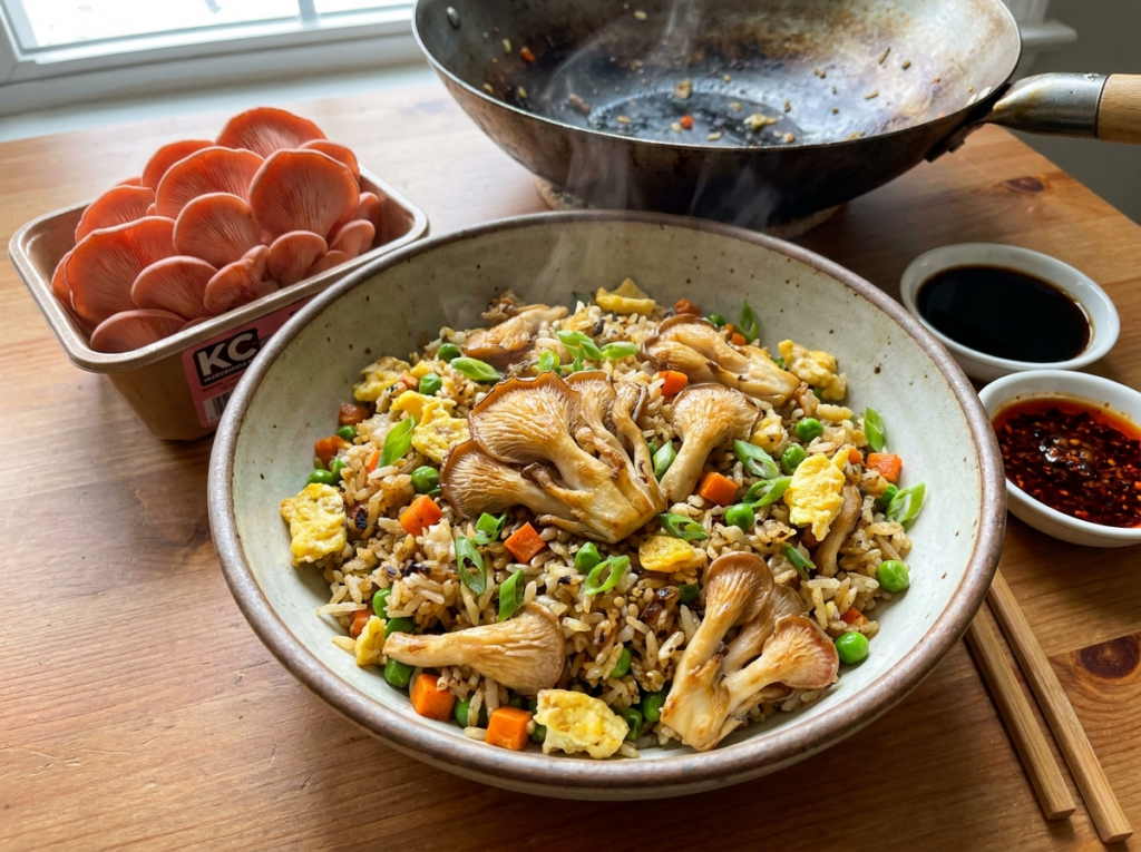 Pink Oyster Mushroom Fried Rice in a bowl with a wok in the background.
