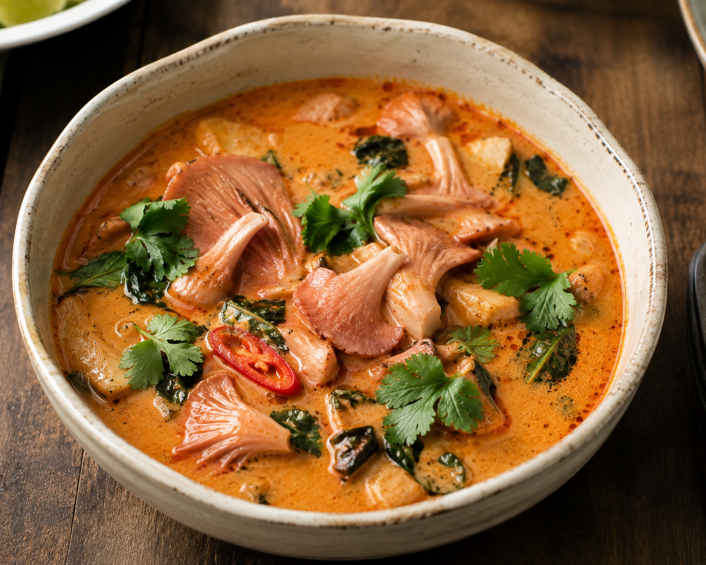 A bowl of Pink Oyster Mushroom and Coconut Curry Soup sitting on a wooden table