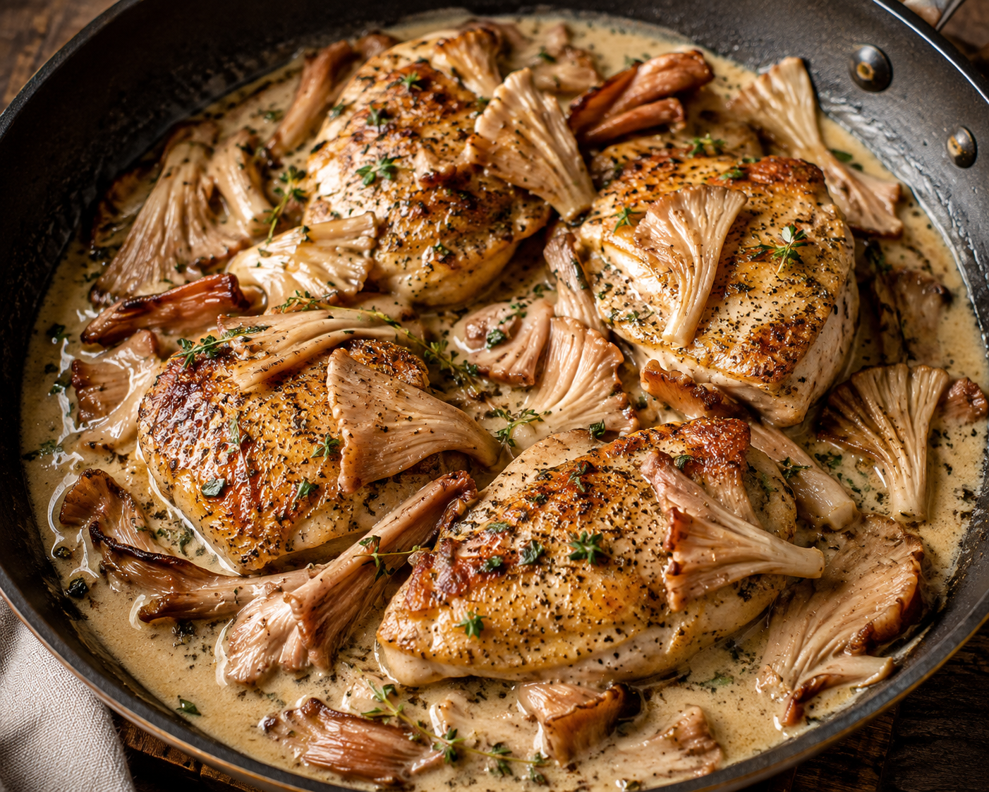 Image of a cast iron skillet with Pink Oyster Mushroom and White Wine Pan Sauce over Seared Chicken cooking in the bottom of the pan