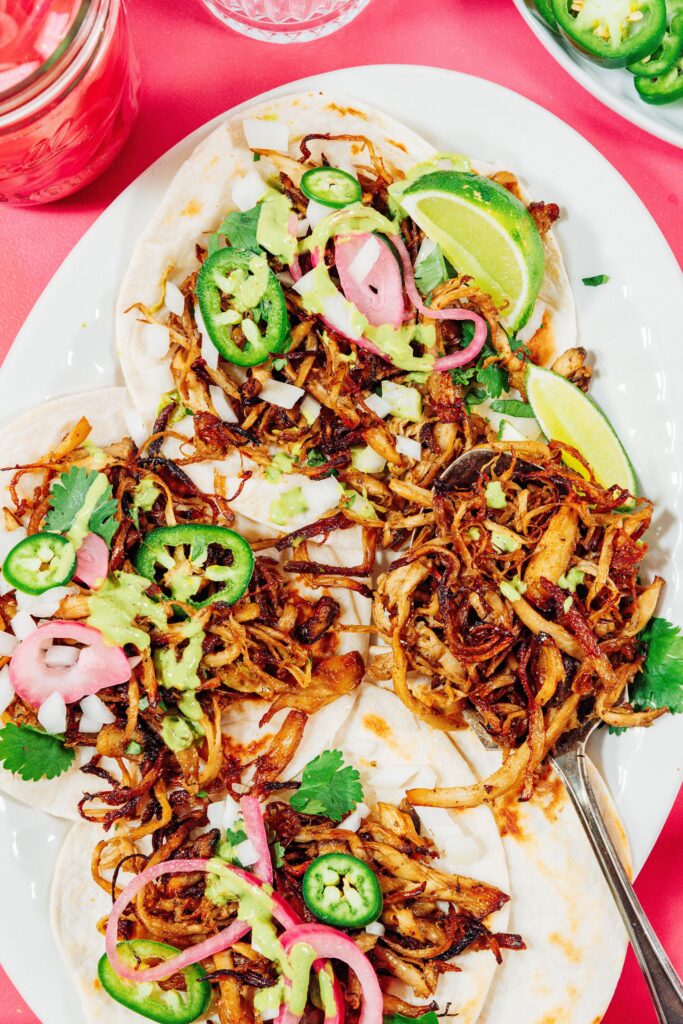 Shredded King Oyster Mushroom Carnitas tacos