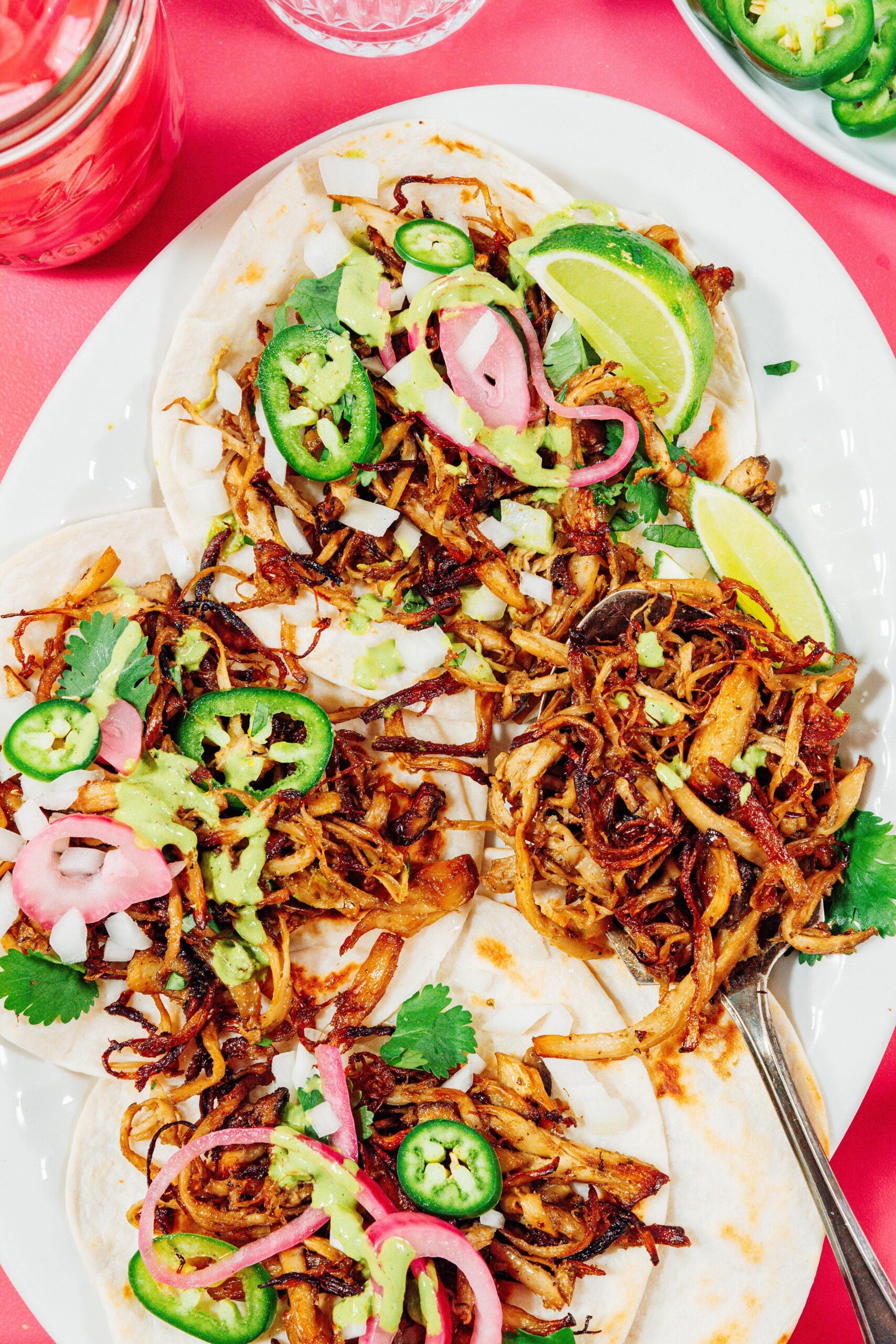 Shredded King Oyster Mushroom Carnitas tacos